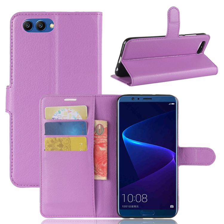 Litchi Skin PU Leather Wallet Stand Cell Phone Cover for Huawei Honor View 10 / V10 - Purple-1