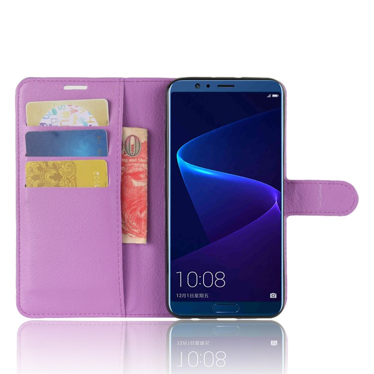 Litchi Skin PU Leather Wallet Stand Cell Phone Cover for Huawei Honor View 10 / V10 - Purple-4