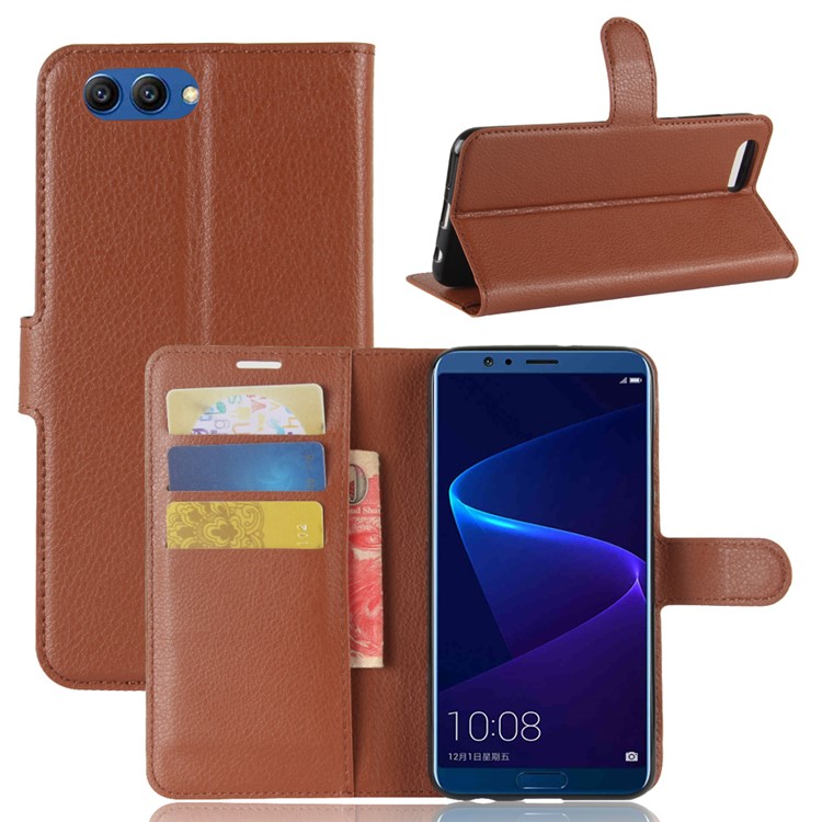 Litchi Skin PU Leather Wallet Magnetic Stand Phone Shell for Huawei Honor View 10 / V10 - Brown-1