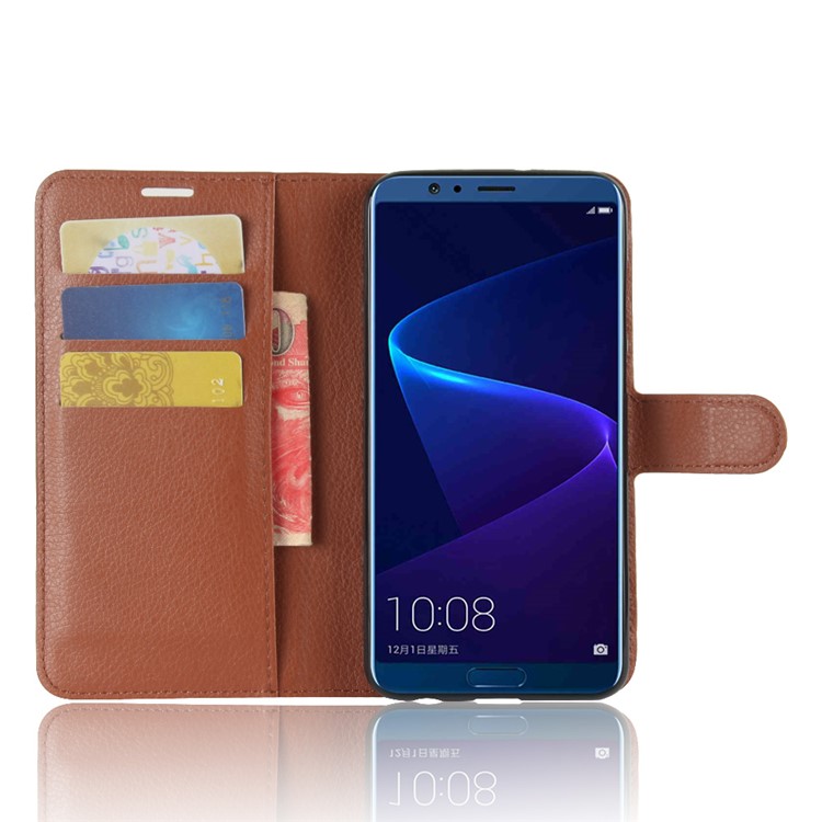 Litchi Skin PU Leather Wallet Magnetic Stand Phone Shell for Huawei Honor View 10 / V10 - Brown-4