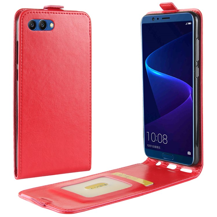 Crazy Horse Vertical Flip Leather Mobile Phone Shell with Card/Photo Slot for Huawei Honor View 10 / V10 - Red-1