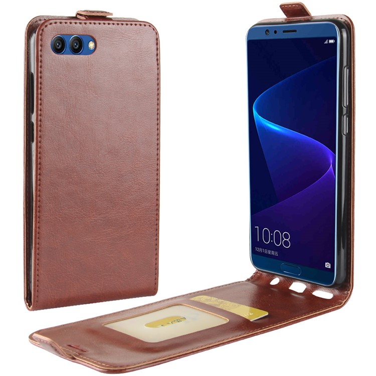 Crazy Horse Vertical Flip Leather Mobile Phone Casing with Card/Photo Slot for Huawei Honor View 10 / V10 - Coffee-1