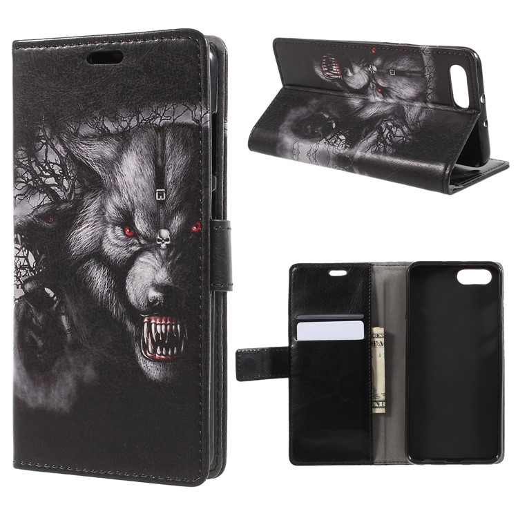 Patterned PU Leather Wallet Stand Protective Cell Phone Cover for Huawei Honor V10 / View 10 - Grey Wolf-1