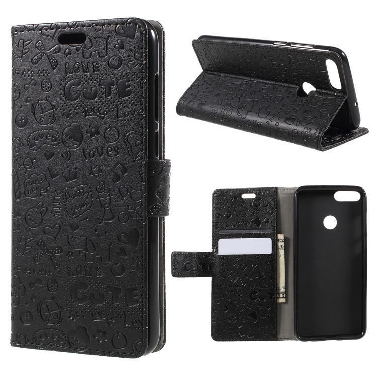 Cartoon Graffiti PU Leather Wallet Case with Stand for Huawei P Smart/Enjoy 7S - Black-1