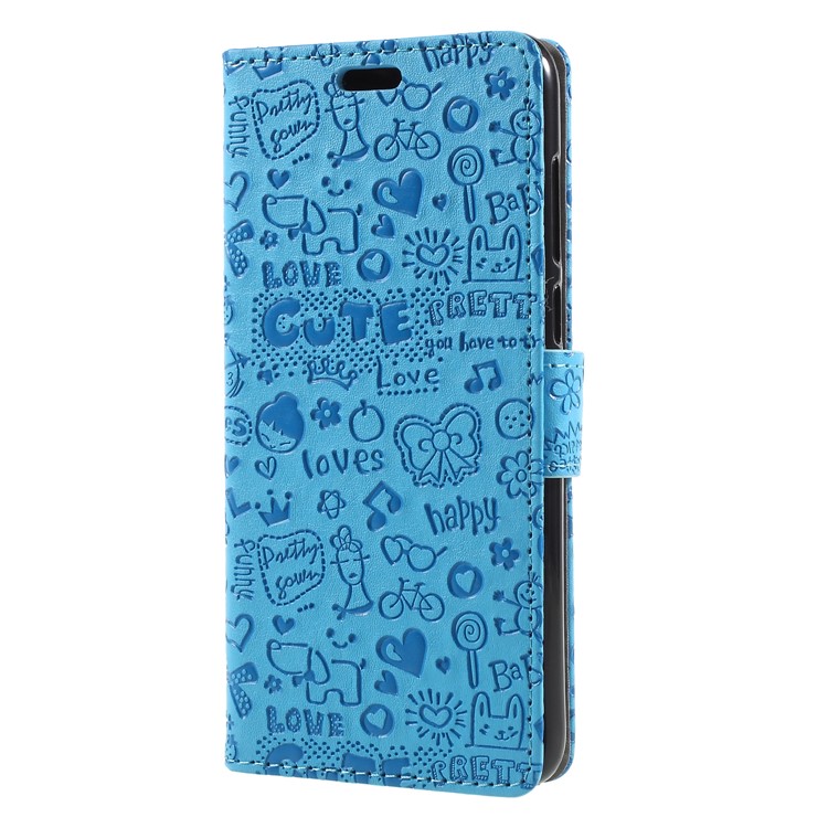 Cartoon Graffiti PU Leather Card Holder Mobile Phone Case with Stand for Huawei P Smart/Enjoy 7S - Blue-3