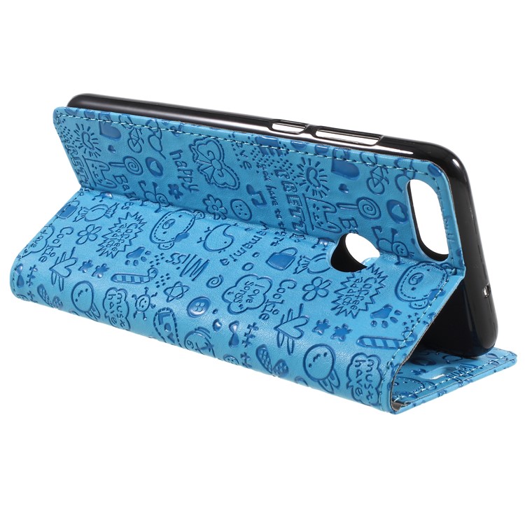 Cartoon Graffiti PU Leather Card Holder Mobile Phone Case with Stand for Huawei P Smart/Enjoy 7S - Blue-5