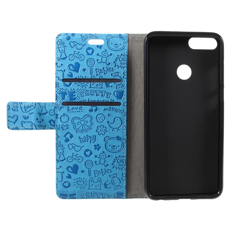 Cartoon Graffiti PU Leather Card Holder Mobile Phone Case with Stand for Huawei P Smart/Enjoy 7S - Blue-6