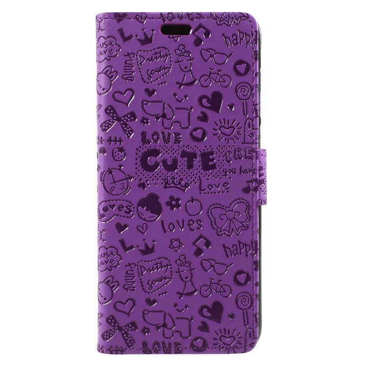 Cartoon Graffiti PU Leather Cell Phone Cover with Card Slots for Huawei P Smart/Enjoy 7S - Purple-1