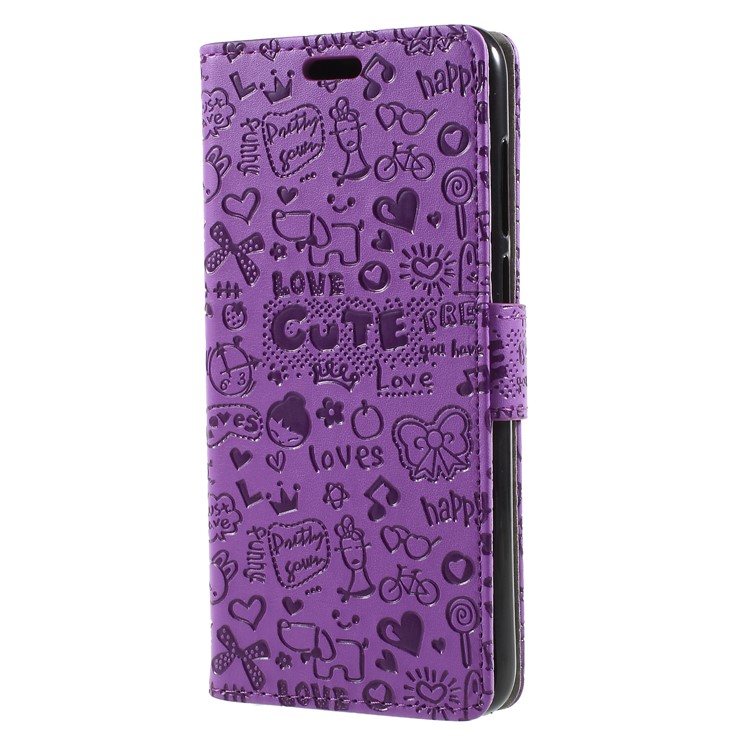 Cartoon Graffiti PU Leather Cell Phone Cover with Card Slots for Huawei P Smart/Enjoy 7S - Purple-3