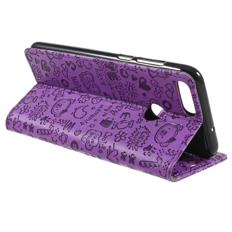Cartoon Graffiti PU Leather Cell Phone Cover with Card Slots for Huawei P Smart/Enjoy 7S - Purple-5