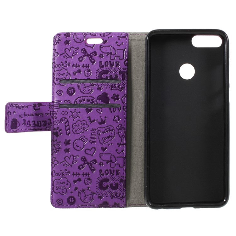 Cartoon Graffiti PU Leather Cell Phone Cover with Card Slots for Huawei P Smart/Enjoy 7S - Purple-6