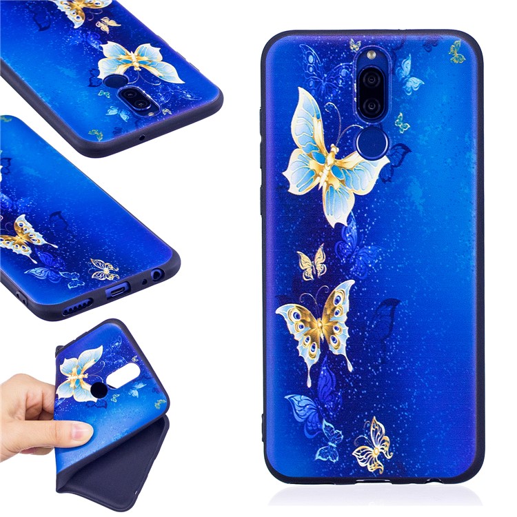 Soft Embossed Pattern Printing TPU Protective Cell Phone Case for Huawei Mate 10 Lite / nova 2i / Maimang 6 / Honor 9i (India) - Blue and Gold Butterfly-1