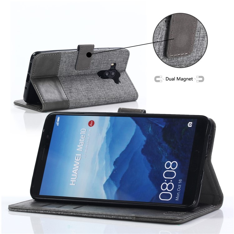 MUXMA Splicing PU Leather Canvas Wallet Phone Case for Huawei Mate 10 Pro - Grey-5