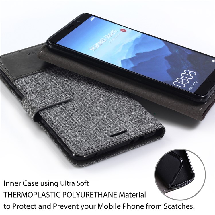 MUXMA Splicing PU Leather Canvas Wallet Phone Case for Huawei Mate 10 Pro - Grey-9