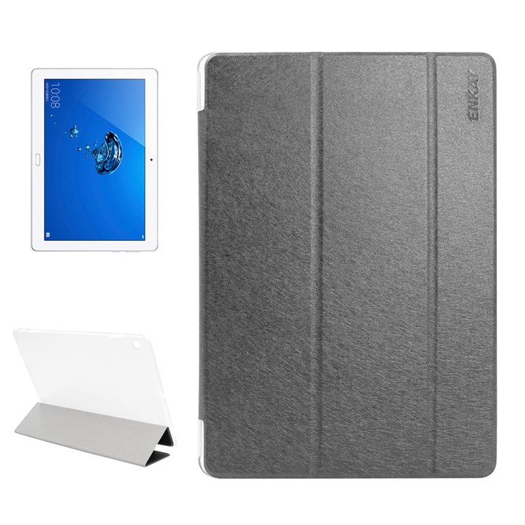 ENKAY Silk Texture Tri-fold Stand Smart Leather Tablet Cover for Huawei Honor Waterplay - Black-1