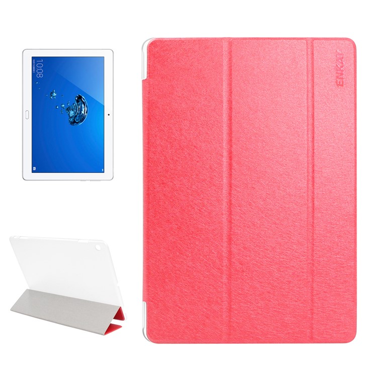ENKAY Silk Texture Tri-fold Stand Smart Leather Tablet Case for Huawei Honor Waterplay - Red-1