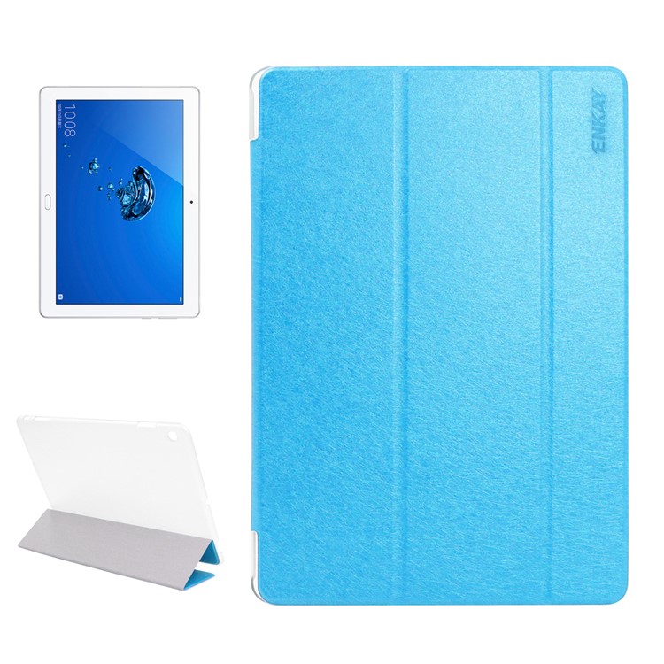ENKAY Silk Texture Tri-fold Stand Smart Leather Tablet Accessory Case for Huawei Honor Waterplay - Blue-1