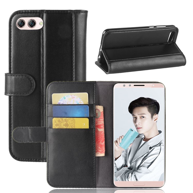 Genuine Split Leather Wallet Stand Case for Huawei nova 2s - Black-1