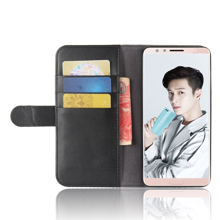 Genuine Split Leather Wallet Stand Case for Huawei nova 2s - Black-5