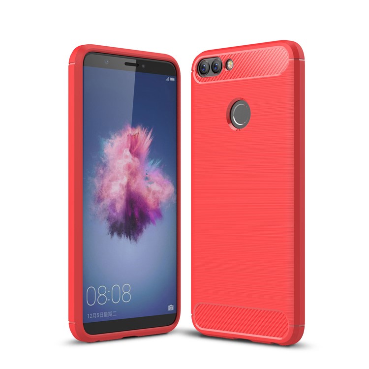 Carbon Fiber Texture Brushed TPU Mobile Shell for Huawei P Smart / Enjoy 7S - Red-1