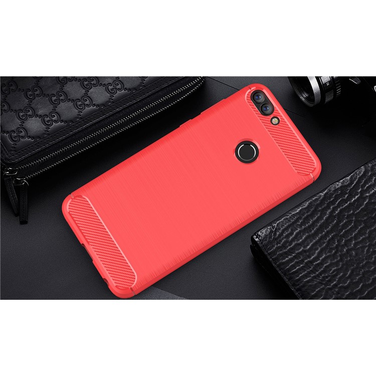 Carbon Fiber Texture Brushed TPU Mobile Shell for Huawei P Smart / Enjoy 7S - Red-2