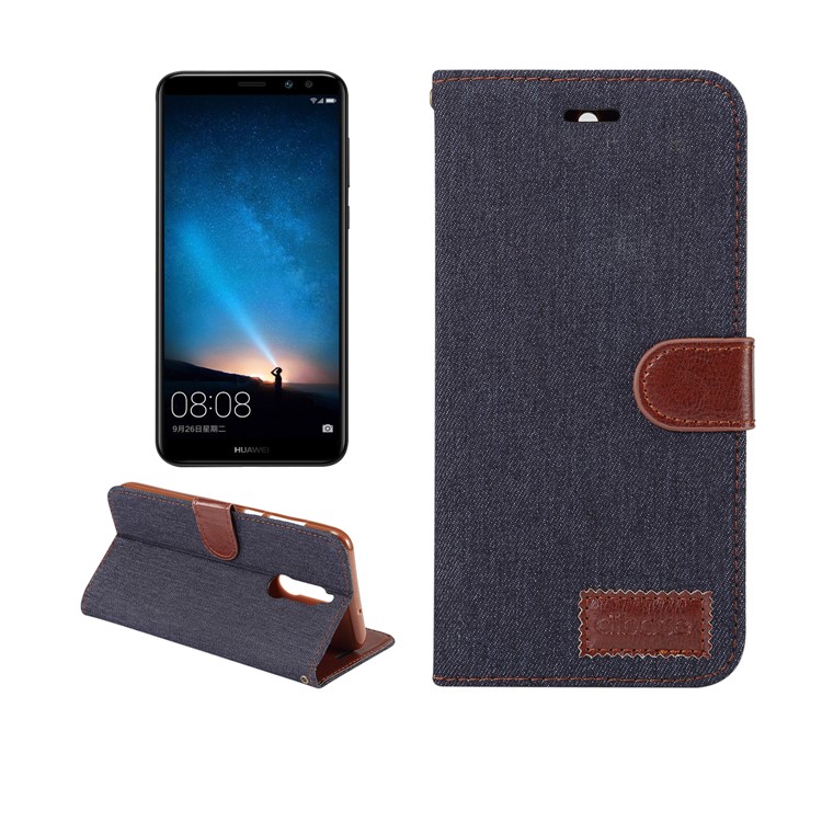 Jeans Cloth Leather Card Holder Casing for Huawei Mate 10 Lite / nova 2i / Maimang 6 / Honor 9i (India) - Black Blue-1