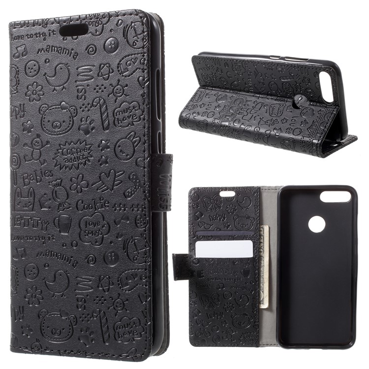 Cartoon Graffiti Grain PU Leather Wallet Cover for Huawei Honor 9 Lite / Youth Edition - Black-1