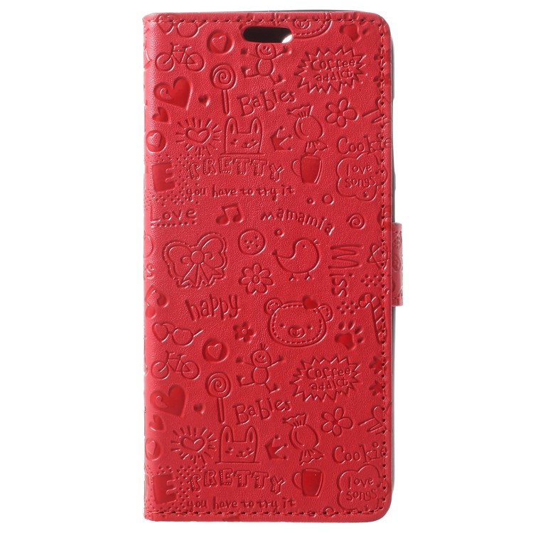 Cartoon Graffiti Grain PU Leather Wallet Flip Phone Case for Huawei Honor 9 Lite / Youth Edition - Red-1