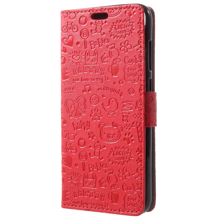 Cartoon Graffiti Grain PU Leather Wallet Flip Phone Case for Huawei Honor 9 Lite / Youth Edition - Red-2