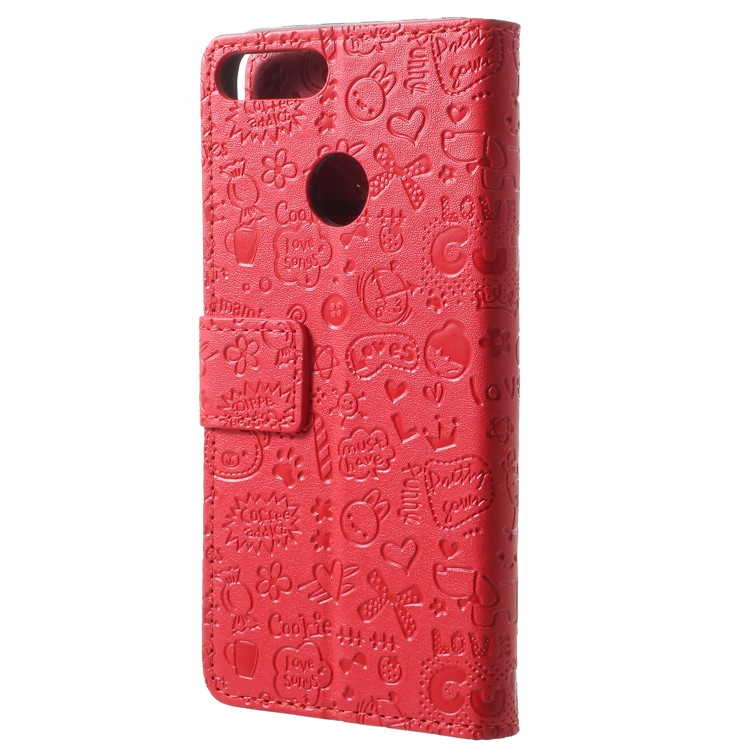 Cartoon Graffiti Grain PU Leather Wallet Flip Phone Case for Huawei Honor 9 Lite / Youth Edition - Red-3