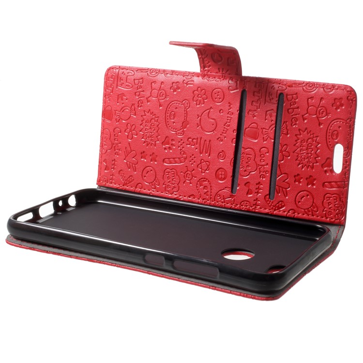 Cartoon Graffiti Grain PU Leather Wallet Flip Phone Case for Huawei Honor 9 Lite / Youth Edition - Red-5