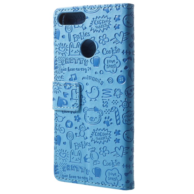 Cartoon Graffiti Grain PU Leather Wallet Magnetic Case for Huawei Honor 9 Lite / Youth Edition - Blue-3