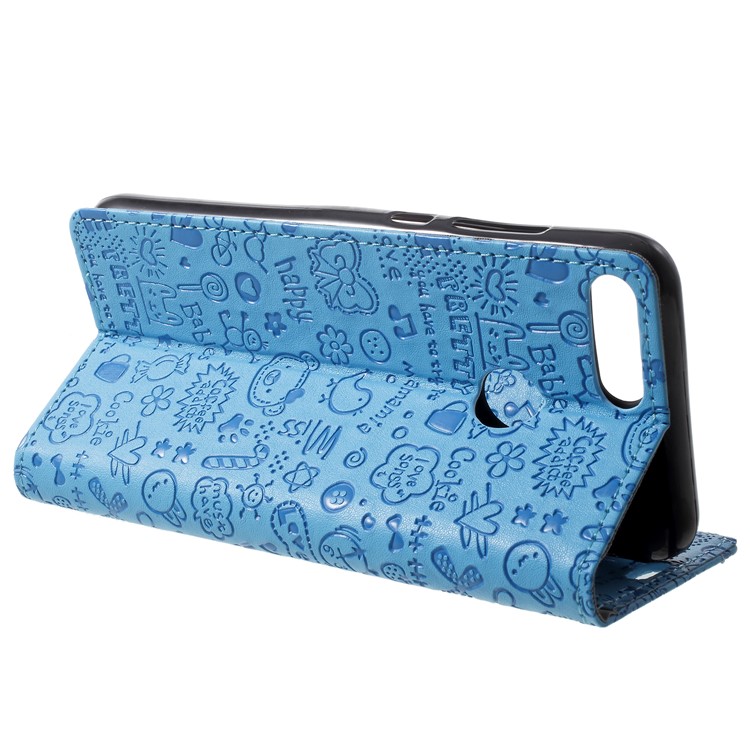 Cartoon Graffiti Grain PU Leather Wallet Magnetic Case for Huawei Honor 9 Lite / Youth Edition - Blue-4