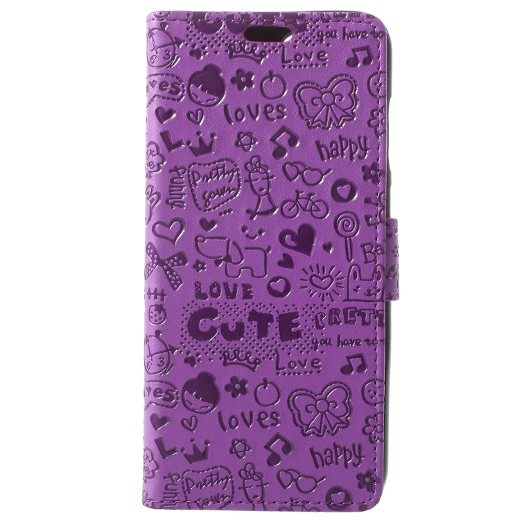 For Huawei Honor 9 Lite / Youth Edition Cartoon Graffiti Pattern PU Leather Wallet Phone Casing - Purple-1