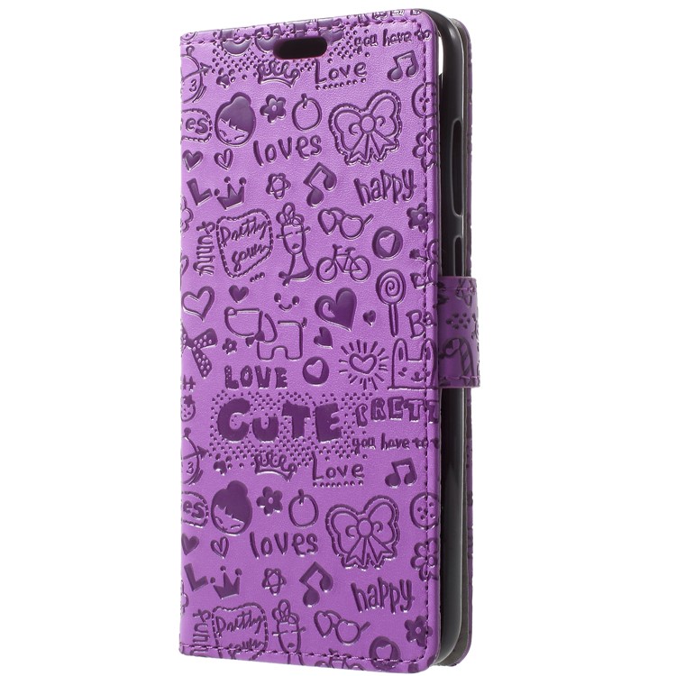 For Huawei Honor 9 Lite / Youth Edition Cartoon Graffiti Pattern PU Leather Wallet Phone Casing - Purple-2