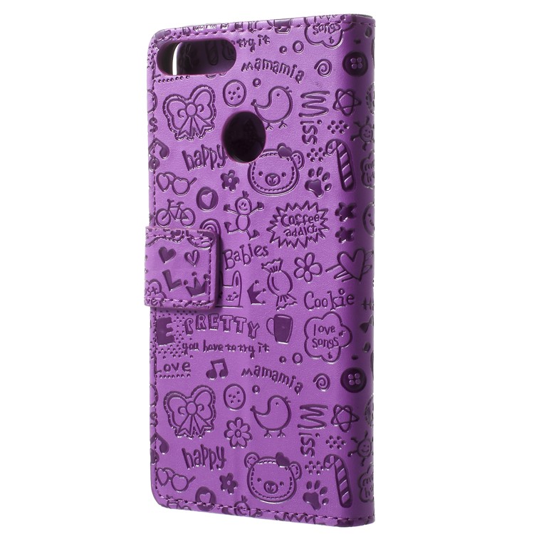 For Huawei Honor 9 Lite / Youth Edition Cartoon Graffiti Pattern PU Leather Wallet Phone Casing - Purple-3