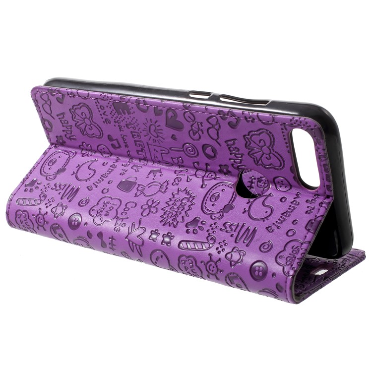 For Huawei Honor 9 Lite / Youth Edition Cartoon Graffiti Pattern PU Leather Wallet Phone Casing - Purple-4