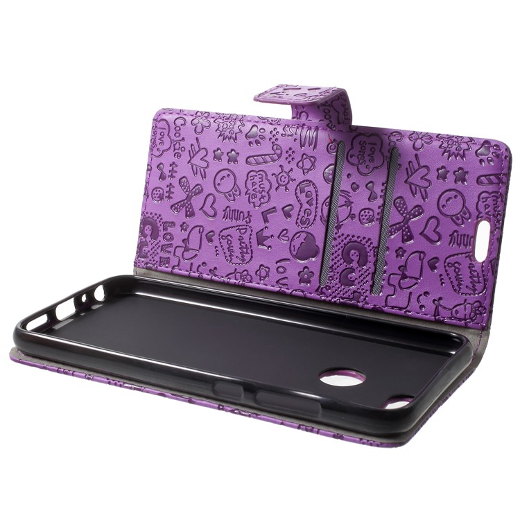 For Huawei Honor 9 Lite / Youth Edition Cartoon Graffiti Pattern PU Leather Wallet Phone Casing - Purple-5
