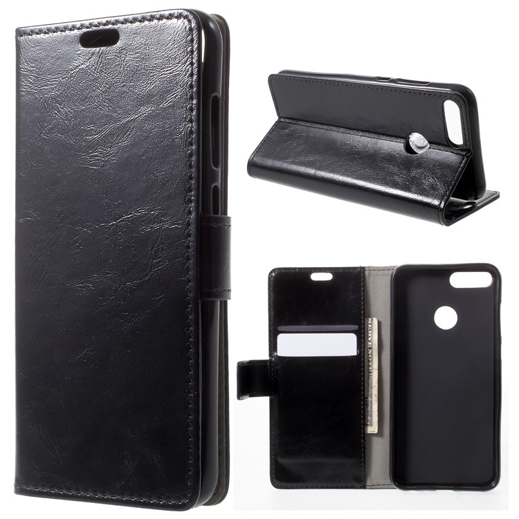 Crazy Horse Leather Wallet Casing for Huawei Honor 9 Lite / Youth Edition - Black-1