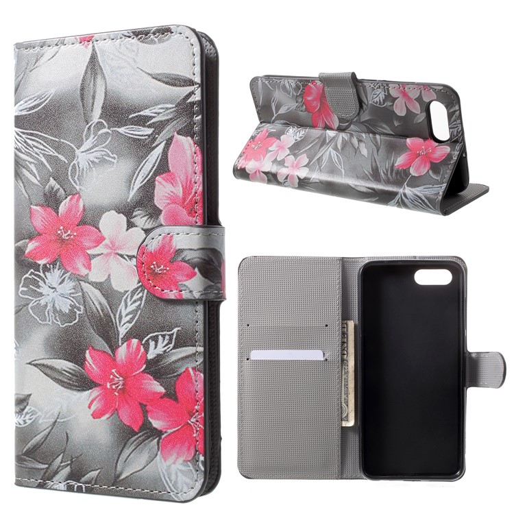 For Huawei Honor V10/View 10 Patterned Leather Folio Case with Card Slots - Red Flowers