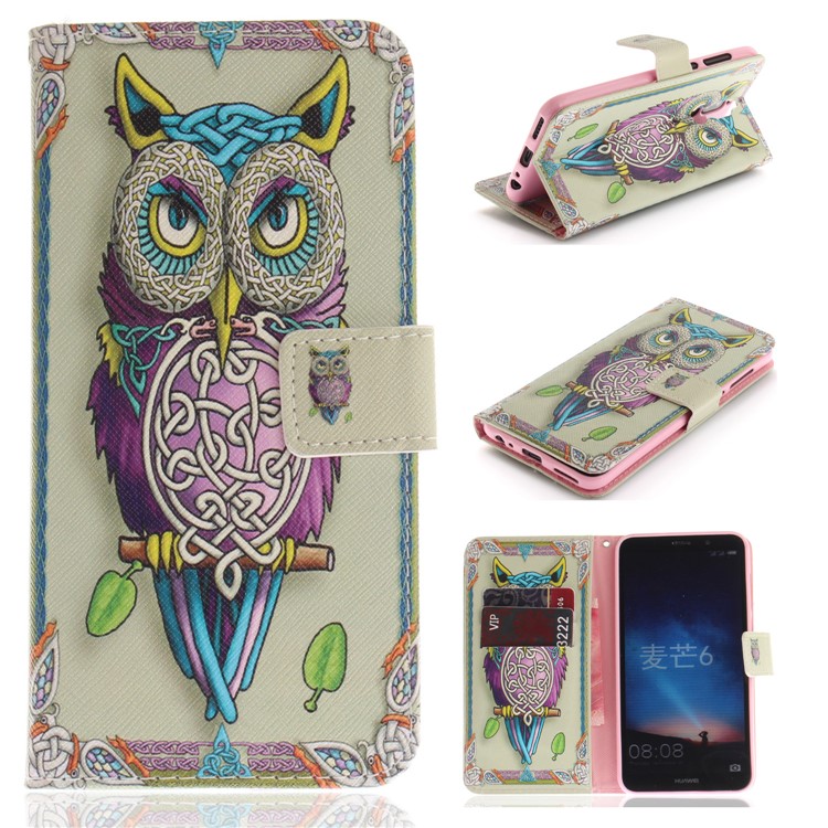 Patterned PU Leather Wallet Stand Protective Mobile Phone Casing for Huawei Mate 10 Lite / nova 2i / Maimang 6 / Honor 9i (India) - Owl-1