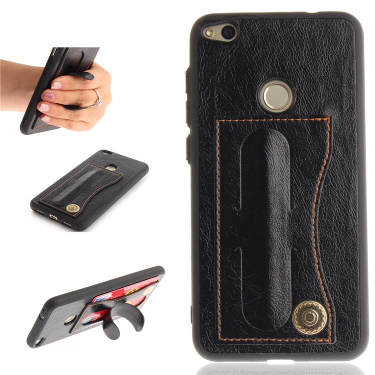 Card Holder PU Leather Coated TPU Case with Kickstand for Huawei P8 Lite (2017)/Honor 8 Lite - Black-1