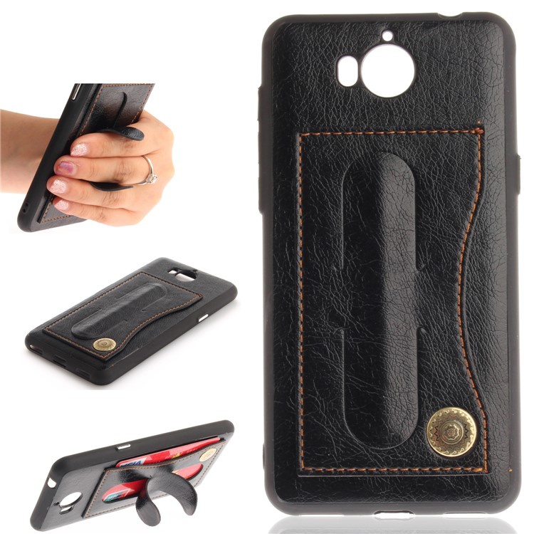 PU Leather Coated TPU Card Holder Case with Kickstand for Huawei Y6 (2017)/Y5 (2017) - Black-1