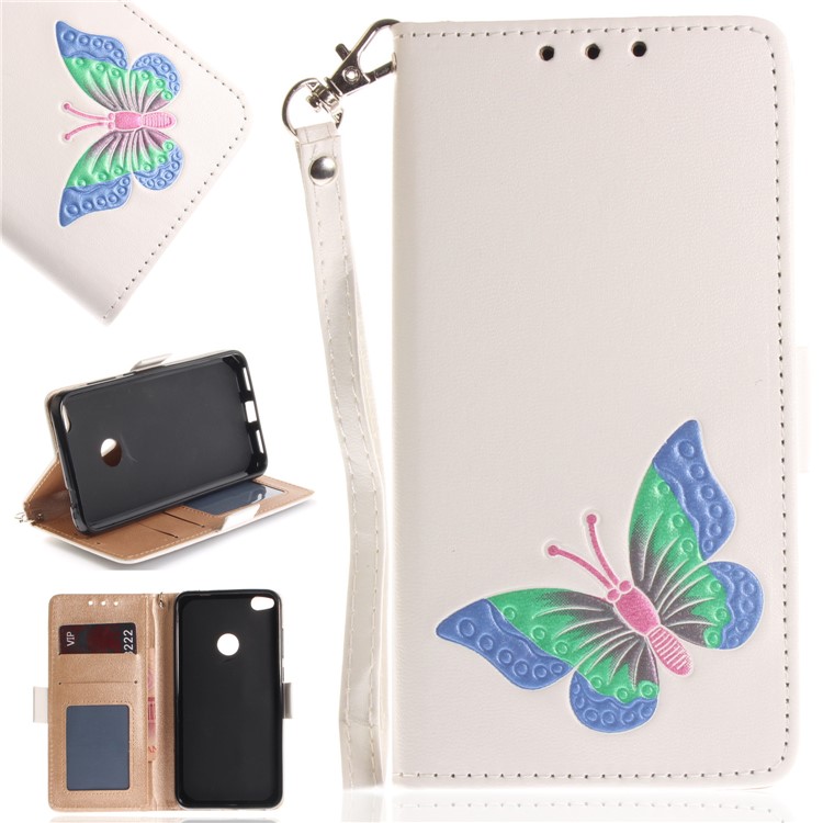 Butterfly Pattern Leather Wallet Stand Case for Huawei P8 Lite (2017) / Honor 8 Lite - White-1