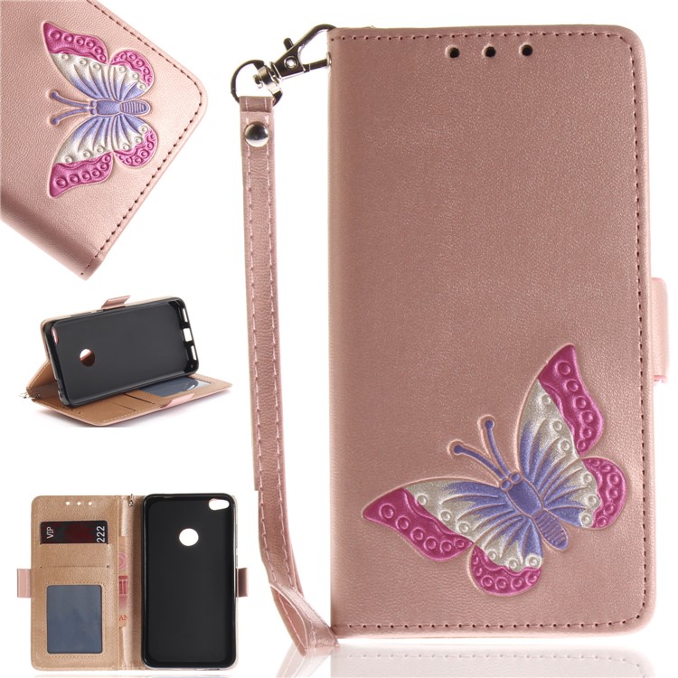 Butterfly Pattern Leather Wallet Stand Casing for Huawei P8 Lite (2017) / Honor 8 Lite - Rose Gold-1