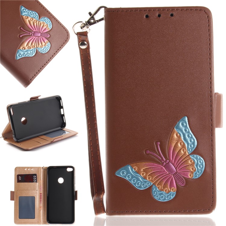Butterfly Pattern Leather Wallet Stand Cell Phone Cover for Huawei P8 Lite (2017) / Honor 8 Lite - Brown-1