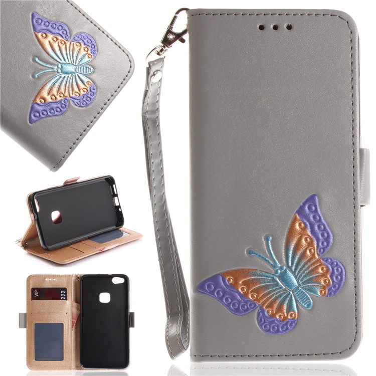 Butterfly Pattern Leather Wallet Stand Casing for Huawei P10 Lite - Grey-1