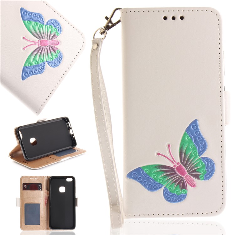 Butterfly Pattern Leather Wallet Stand Case for Huawei P10 Lite - White-1