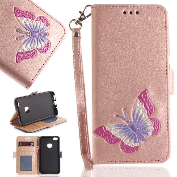 Butterfly Pattern Leather Wallet Stand Shell for Huawei P10 Lite - Rose Gold-1