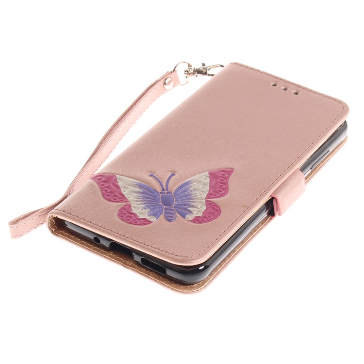 Butterfly Pattern Leather Wallet Stand Shell for Huawei P10 Lite - Rose Gold-6